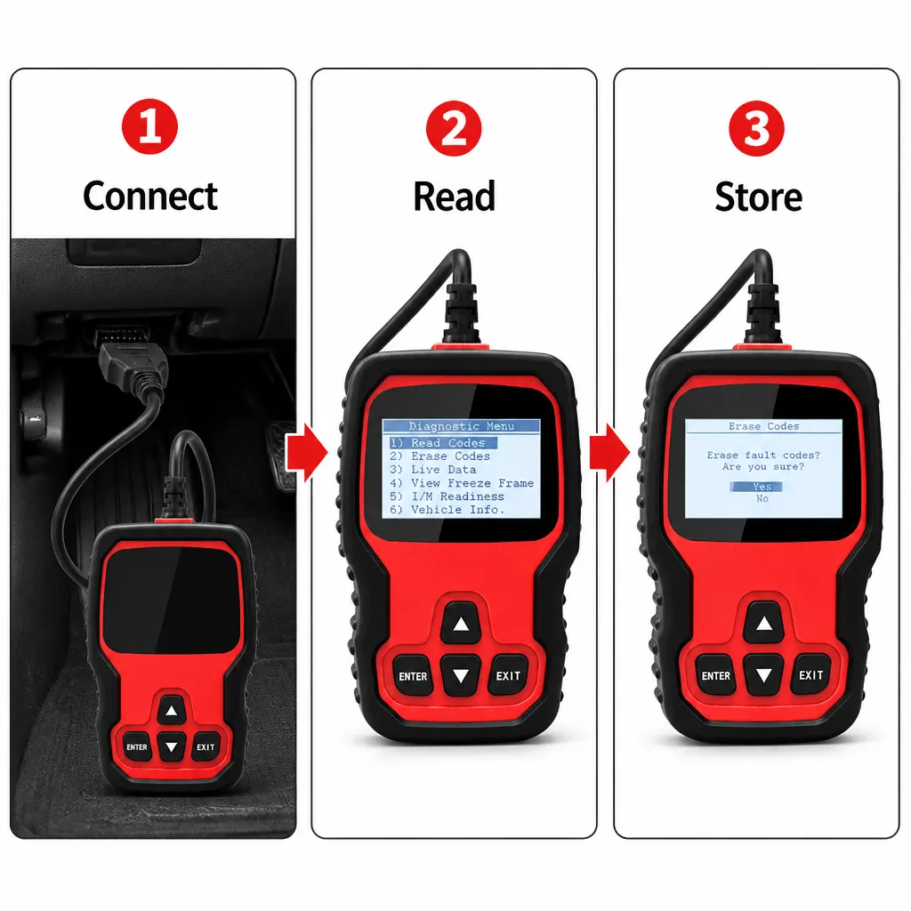 VD500 Vehicle Diagnostic Scanner setup and use views